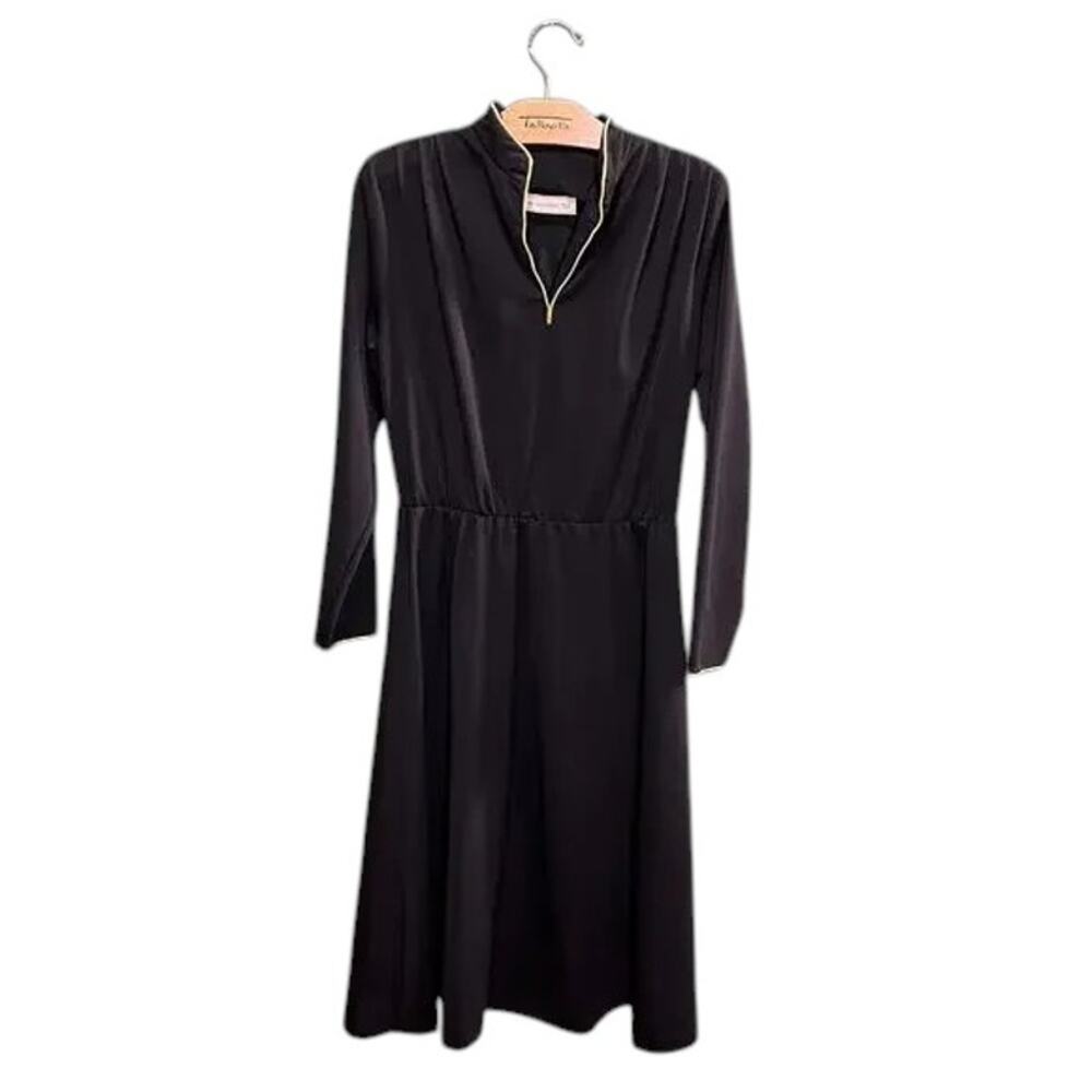 Vintage Landou Black Dress Size 10 Gold Trim Long Sleeve Midi
